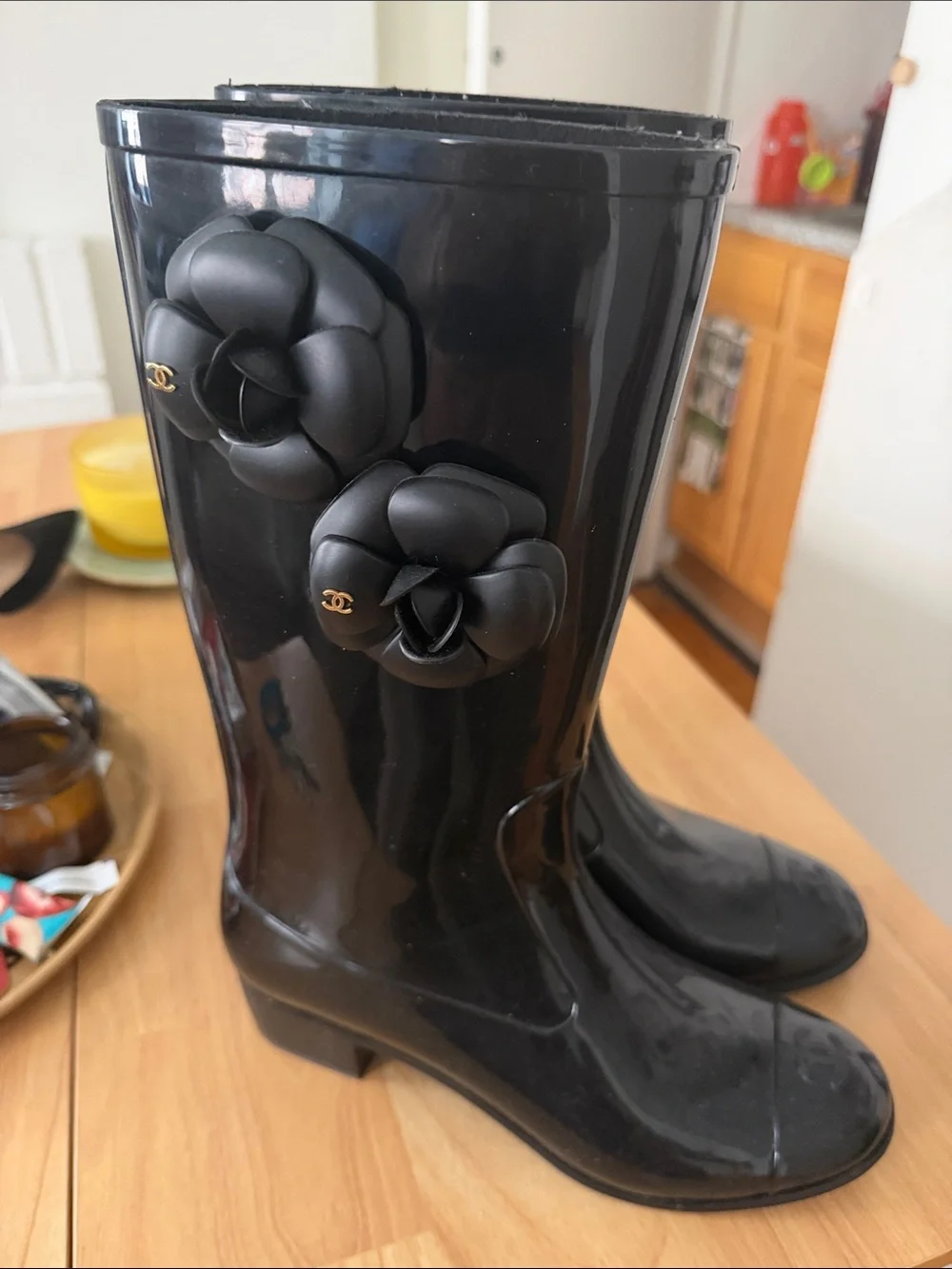 CHANEL Black Gloss Camellia-Embellished Rain Boots